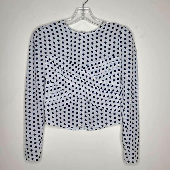 Express long sleeve white black polka dot cropped crossover front blouse - 00 - Picture 1 of 7